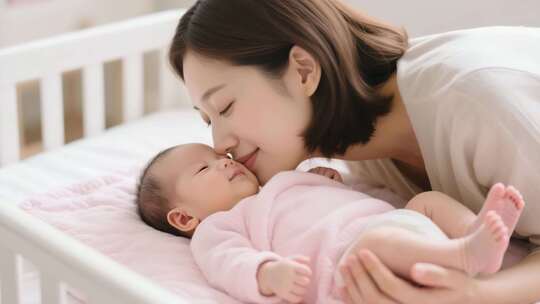 母亲亲吻躺婴儿床的宝宝