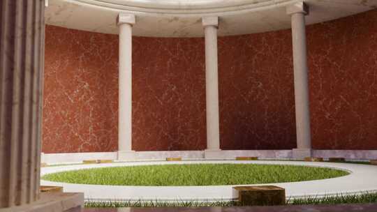 圆柱形建筑内部和草地3d动画