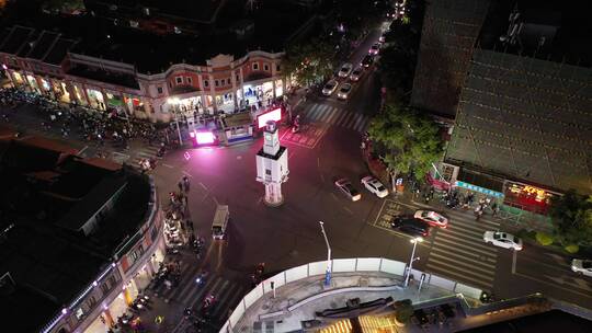 泉州夜景航拍泉州西街夜晚钟楼街道人流车流视频素材模板下载