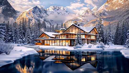 雪山中的高档别墅 北欧冬天下雪温馨房子