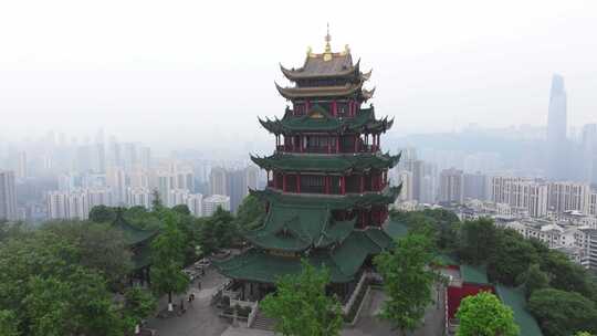 重庆鸿恩寺航拍鸿恩阁与嘉陵江两岸高楼大厦