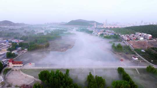 航拍风景如画枣庄平流雾黑峪水库地段