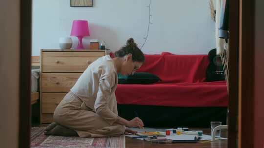 年轻的女人在家画画
