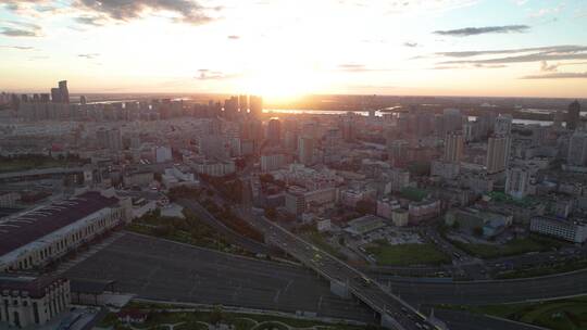 哈尔滨火车站城市风光航拍