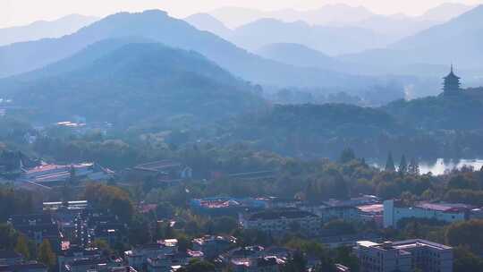 西湖雷峰塔景区大自然风光群山航拍杭州风景