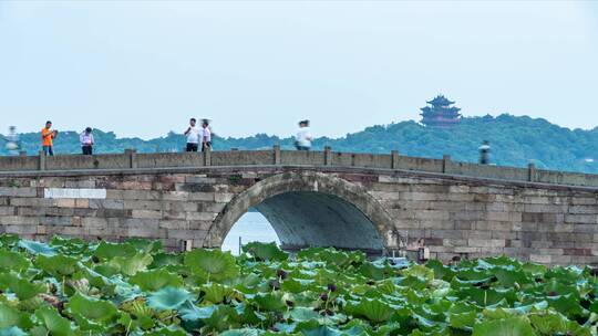 杭州西湖白堤著名景点断桥残雪忙碌的游客