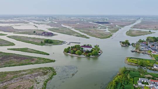 航拍江苏盐城九龙口名胜风景区湖景