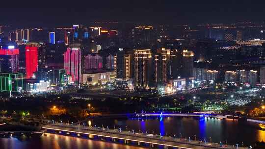 航拍扬州西区明月湖大桥夜景京华城商圈全景