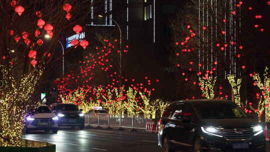 城市街道车流新年灯笼视频素材模板下载