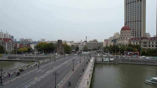 天津海河风景狮子林桥城市建筑风光航拍