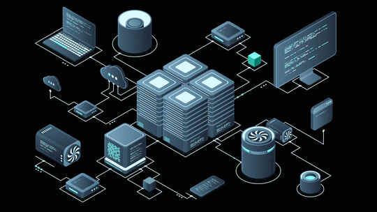 等距计算机技术动画。大数据中心计算。云计