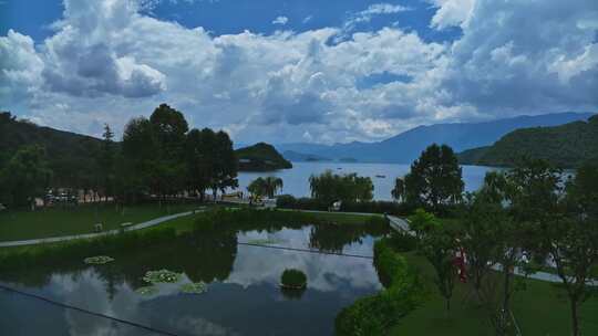 丽江泸沽湖风景HDR航拍视频素材模板下载