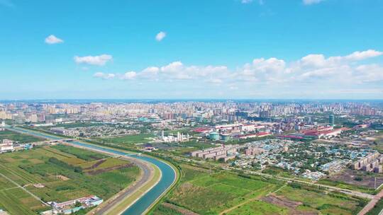 南水北调中线运河流过邢台城市航拍延时全景视频素材模板下载
