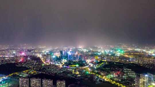 城市深夜电闪雷鸣夜景灯光航拍济南