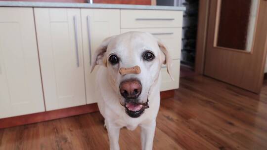 狗鼻子上放了一块饼干