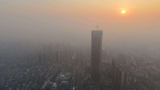 岳阳城市清晨日出迷雾航拍