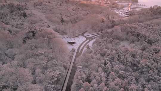 航拍被大雪覆盖的森林公路