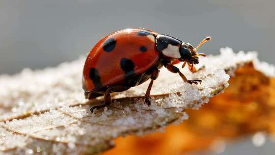 霜降瓢虫冰霜生态微距特写视频