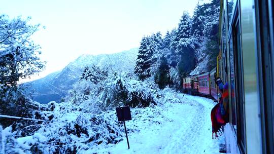阿尔卑斯山脚下观光小火车穿过冰雪世界视频素材模板下载