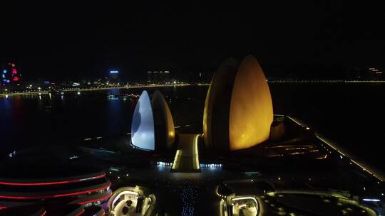 航拍广东珠海大剧院日月贝夜景视频素材模板下载
