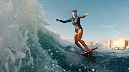 女子乘风破浪冲浪运动