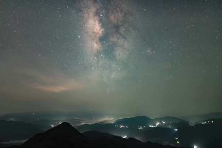 星空银河与飞机轨迹延时摄影，广西桂林