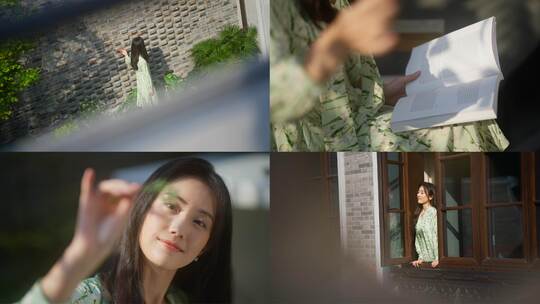 房地产氛围感美女在庭院看书散步唯美意境视频素材模板下载
