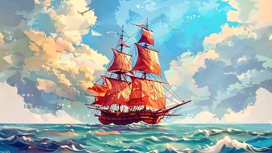 帆船海浪 卡通海上船只