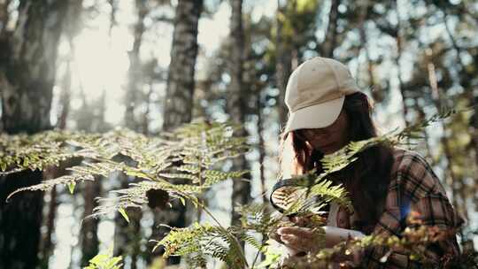 年轻女子探索自然奇观调查森林生命和生物多