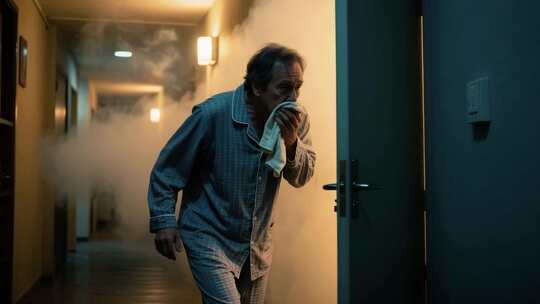老人于烟雾楼道中掩鼻避险