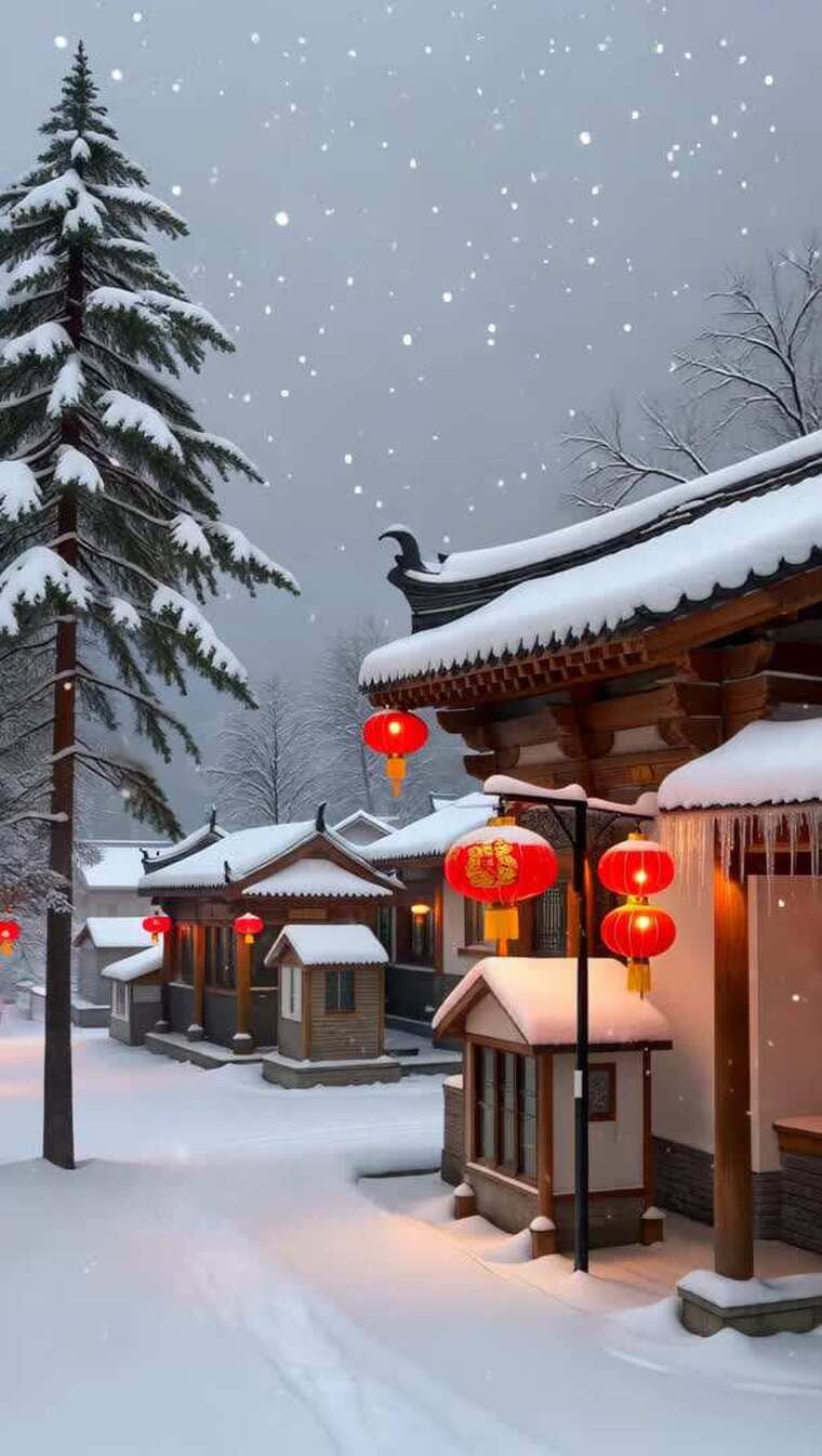 雪中中式建筑挂红灯笼景象