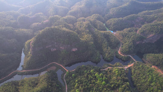 航拍湖南郴州高椅岭丹霞地貌峡谷河流