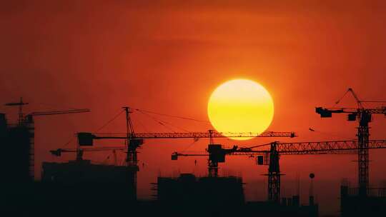 夕阳下建筑工地塔吊剪影