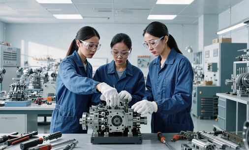 女工在车间操作机械设备