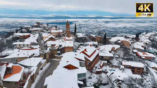 格鲁吉亚冬季西格纳吉雪景4K