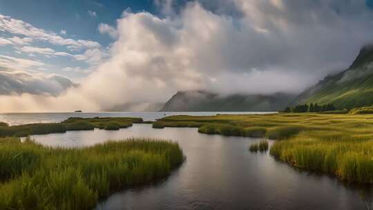 自然风光湿地湖泊全景