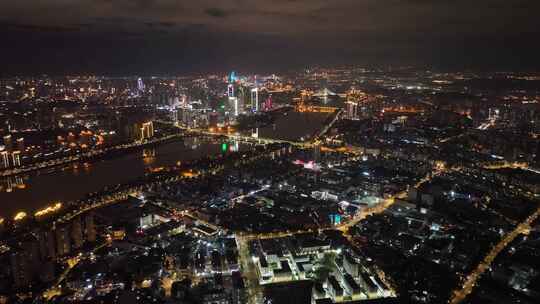 航拍福州闽江两岸风光夜景城市夜晚高空风景