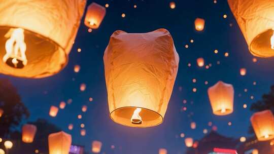 夜空中放飞的孔明灯