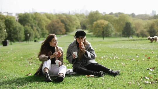 两女子坐在公园聊天和吃饭视频素材模板下载