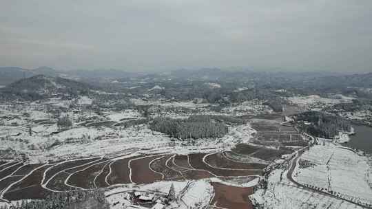 农业梯田水田冬天雪景