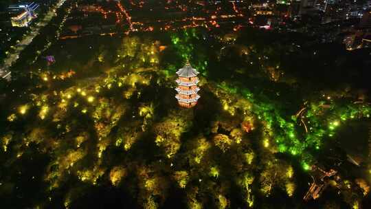 绍兴夜晚航拍蕺山公园蕺山亭夜景越城区浙江视频素材模板下载