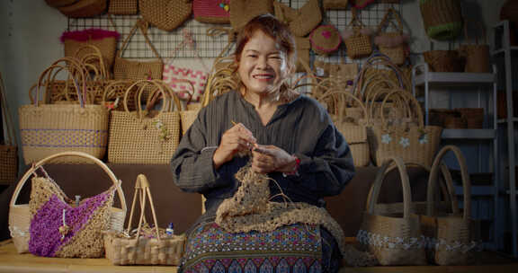 当一个微笑的亚洲女工匠是当地村民编织民间