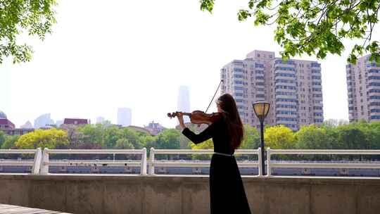 小提琴家天津海河边拉小提琴5视频素材模板下载