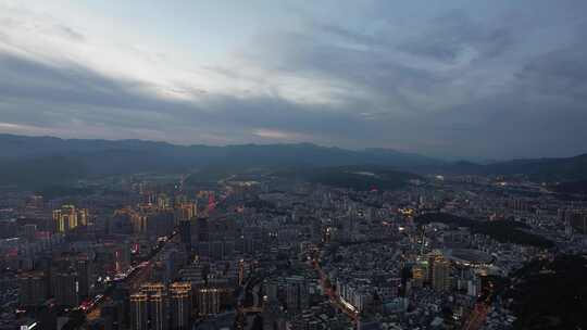 福建龙岩城市夜幕降临晚霞夜景灯光航拍