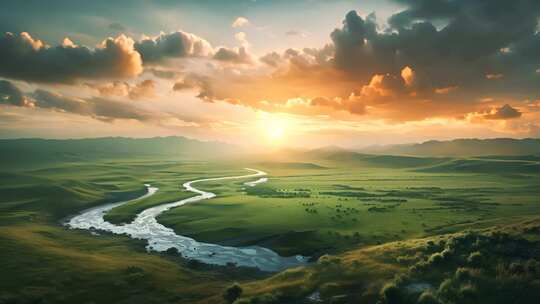草原河流美丽中国自然风光草地延时