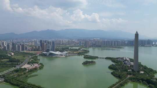 带高塔的水边城市景观九江胜利碑九江博物馆