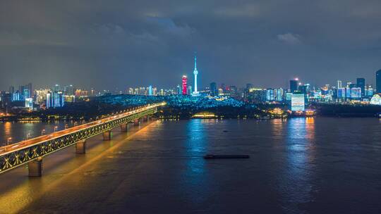 6K航拍武汉长江大桥夜景大范围延时