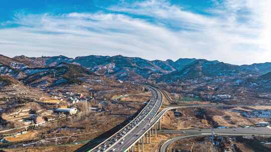 济南南部山区锦绣川特大桥雪后航拍延时
