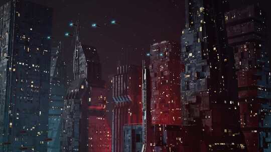 未来主义，反乌托邦科幻城市在夜间建立镜头