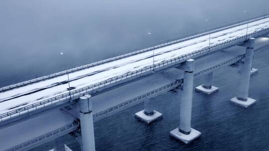 汽车行驶在风雪中的跨海大桥